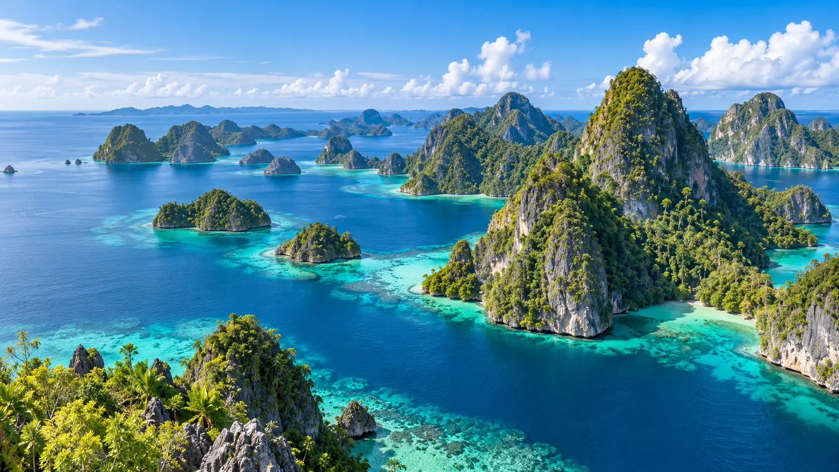 Limestone islands and turquoise lagoons at Wayag
