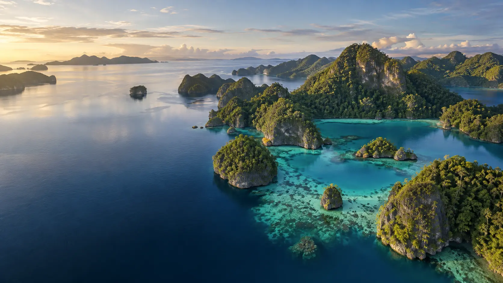 Aerial view of forested karst islands and turquoise lagoons in Raja Ampat